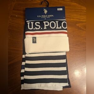 U.S. Polo Assn. Black and White Striped Beanie and Scarf Set Nwt